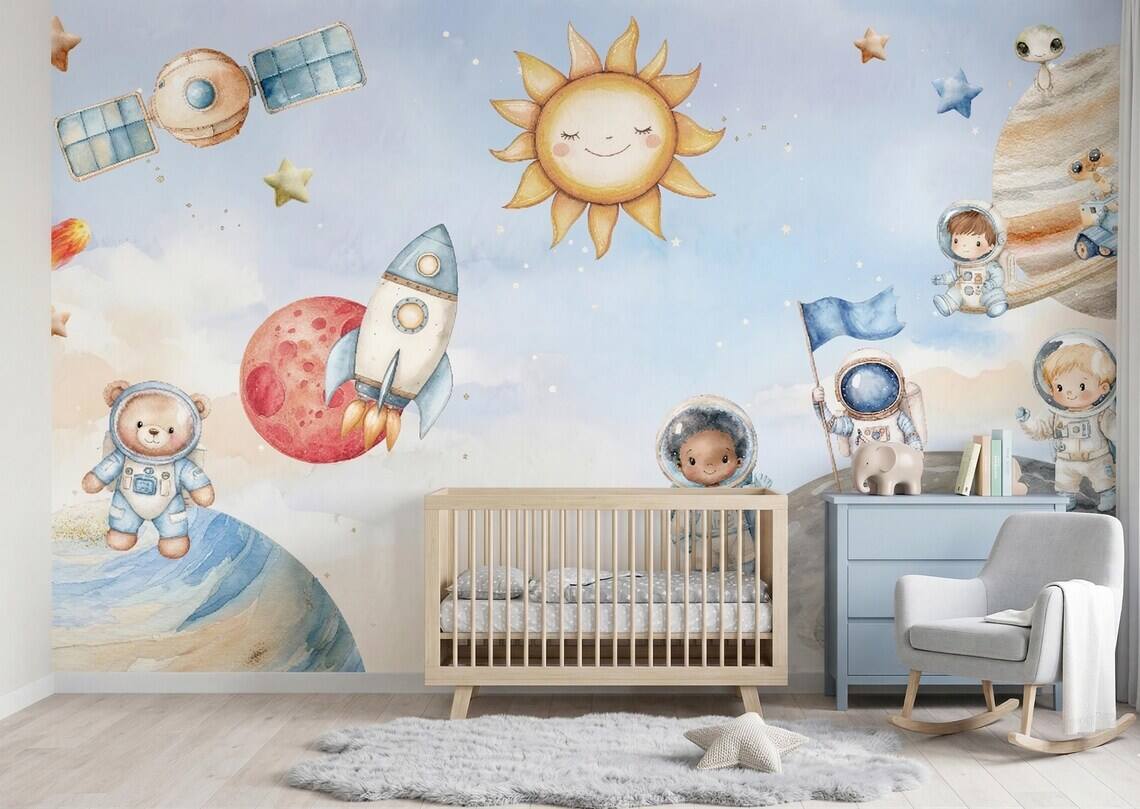 Space Nursery Mural Astronaut Solar System Kids Room Rocket Moon Baby Peel And Stick
