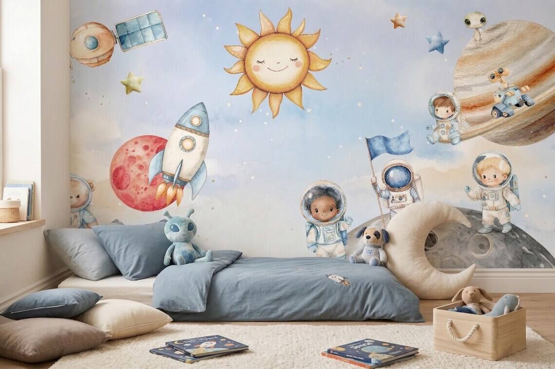 Space Nursery Mural Astronaut Solar System Kids Room Rocket Moon Baby Peel And Stick