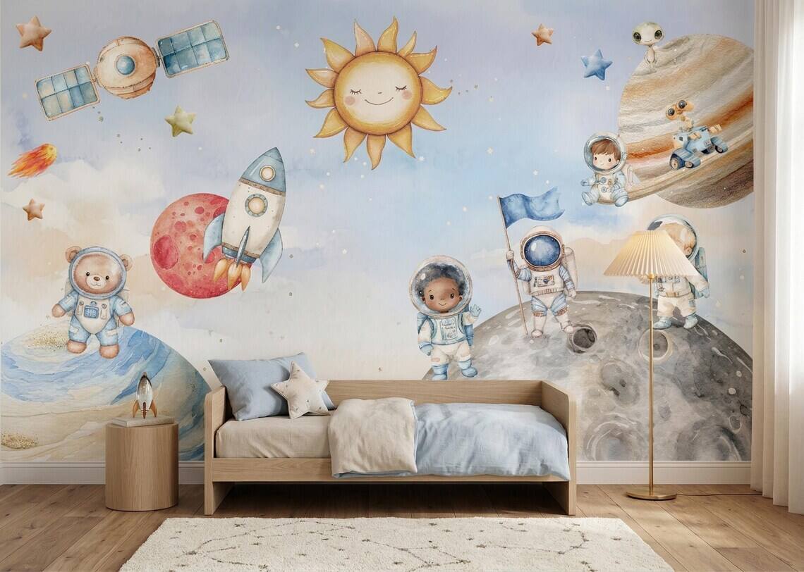 Space Nursery Mural Astronaut Solar System Kids Room Rocket Moon Baby Peel And Stick