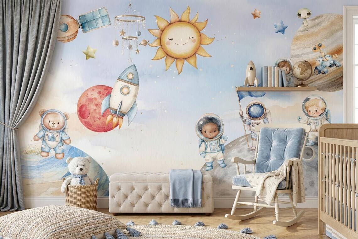 Space Nursery Mural Astronaut Solar System Kids Room Rocket Moon Baby Peel And Stick