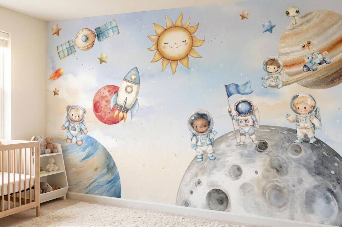 Space Nursery Mural Astronaut Solar System Kids Room Rocket Moon Baby Peel And Stick