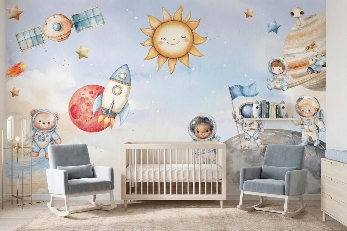 Space Nursery Mural Astronaut Solar System Kids Room Rocket Moon Baby Peel And Stick