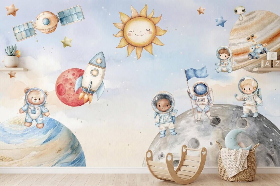 Space Nursery Mural Astronaut Solar System Kids Room Rocket Moon Baby Peel And Stick