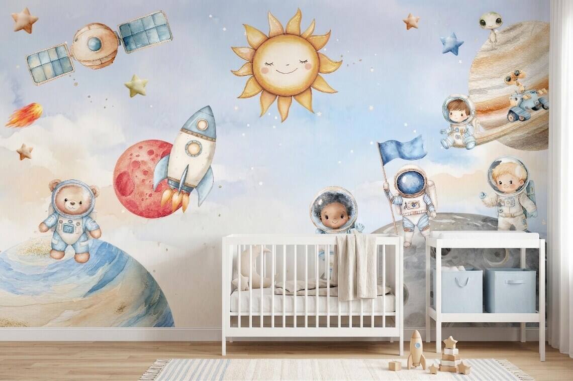 Space Nursery Mural Astronaut Solar System Kids Room Rocket Moon Baby Peel And Stick