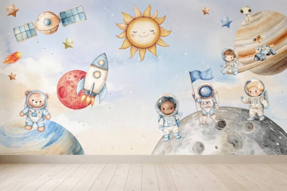 Space Nursery Mural Astronaut Solar System Kids Room Rocket Moon Baby Peel And Stick
