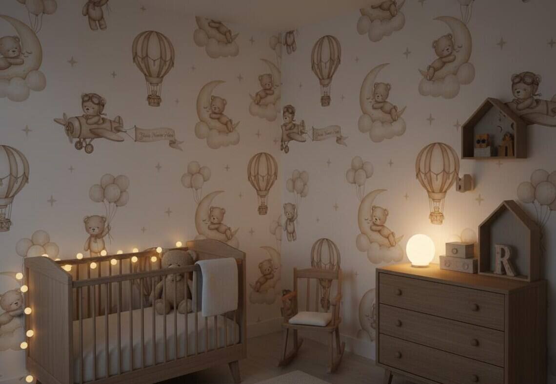 Teddy Bear Aviator Nursery Wallpaper Hot Air Balloon Airplanes Peel And Stick