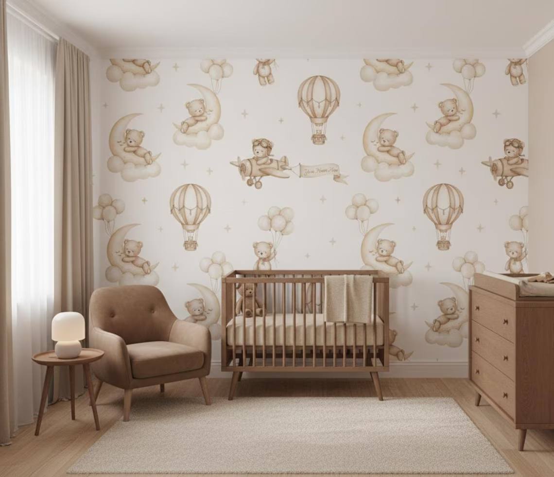 Teddy Bear Aviator Nursery Wallpaper Hot Air Balloon Airplanes Peel And Stick