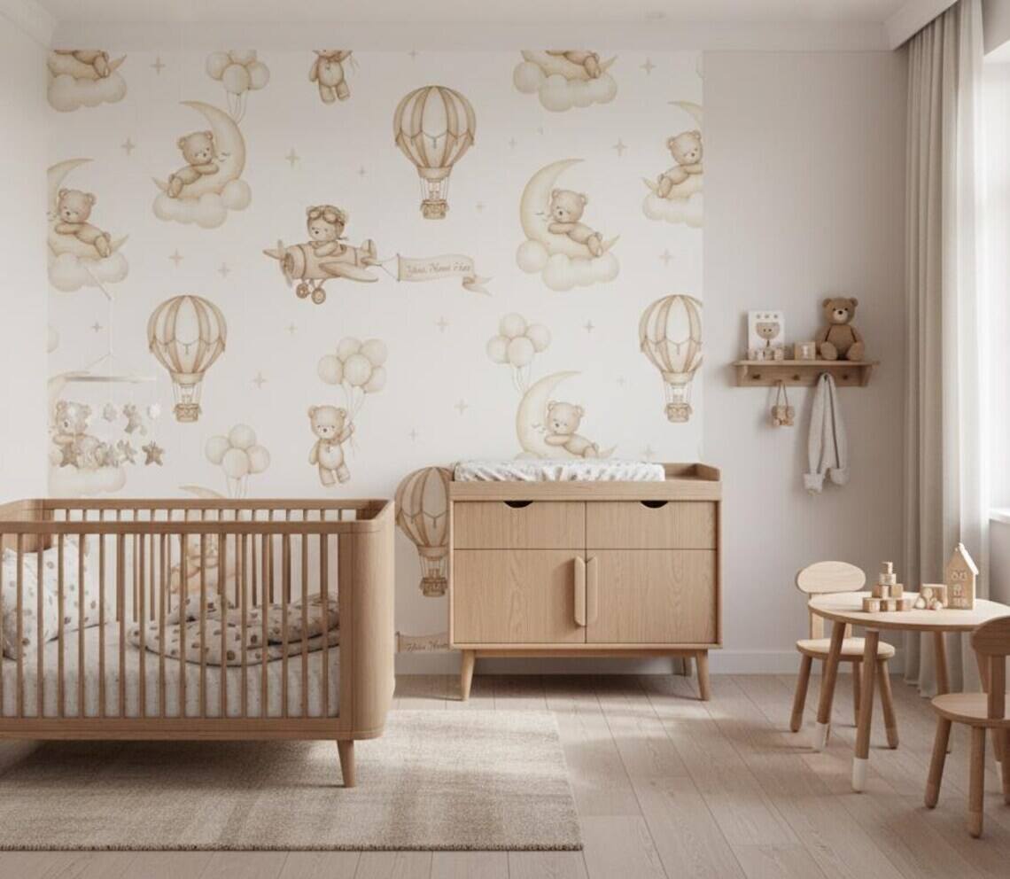 Teddy Bear Aviator Nursery Wallpaper Hot Air Balloon Airplanes Peel And Stick