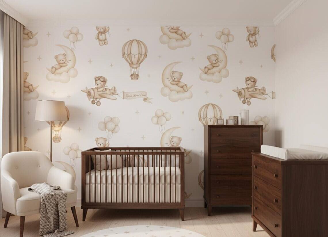 Teddy Bear Aviator Nursery Wallpaper Hot Air Balloon Airplanes Peel And Stick