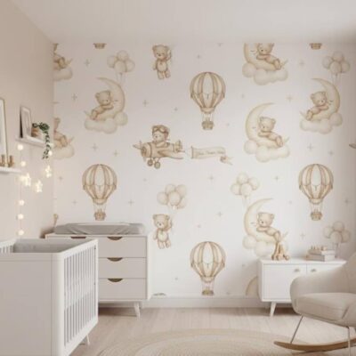 Teddy Bear Aviator Nursery Wallpaper Hot Air Balloon Airplanes Peel And Stick