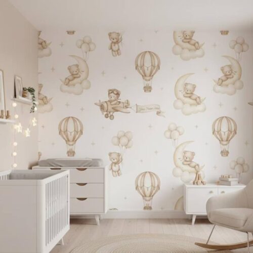 Teddy Bear Aviator Nursery Wallpaper Hot Air Balloon Airplanes Peel And Stick