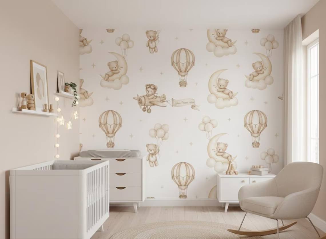 Teddy Bear Aviator Nursery Wallpaper Hot Air Balloon Airplanes Peel And Stick