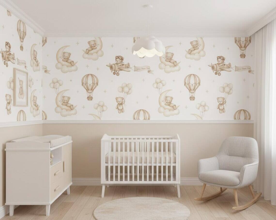Teddy Bear Aviator Nursery Wallpaper Hot Air Balloon Airplanes Peel And Stick