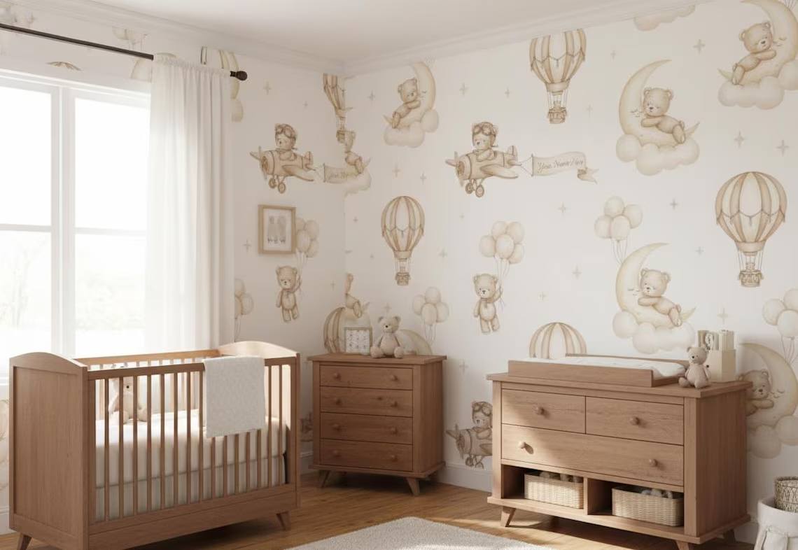 Teddy Bear Aviator Nursery Wallpaper Hot Air Balloon Airplanes Peel And Stick