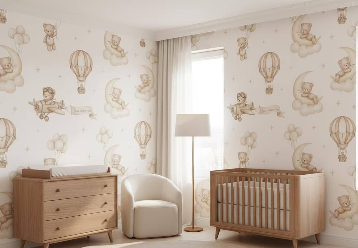 Teddy Bear Aviator Nursery Wallpaper Hot Air Balloon Airplanes Peel And Stick