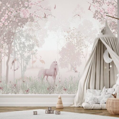 Unicorn Forest Wallpaper Mural Pastel Nursery Decor Peel And Stick