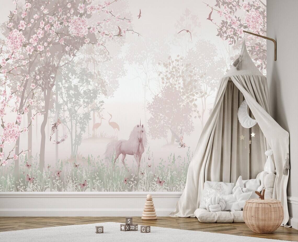 Unicorn Forest Wallpaper Mural Pastel Nursery Decor Peel And Stick