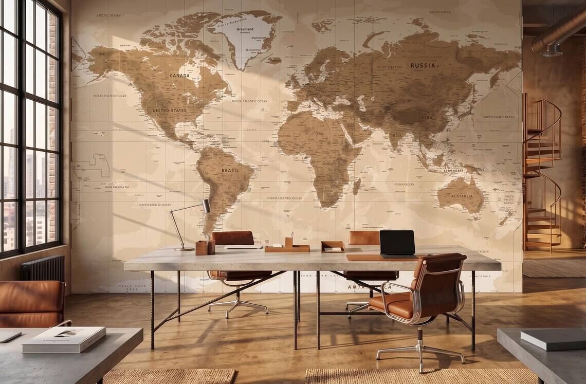 Vintage Beige World Map Wallpaper Neutral Atlas Wall Mural Large Antique Map Wallpaper Travel Theme Office Wall Decor Peel Stick