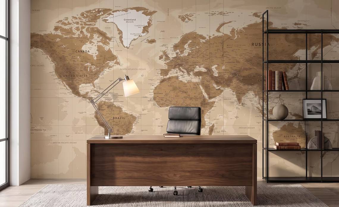 Vintage Beige World Map Wallpaper Neutral Atlas Wall Mural Large Antique Map Wallpaper Travel Theme Office Wall Decor Peel Stick