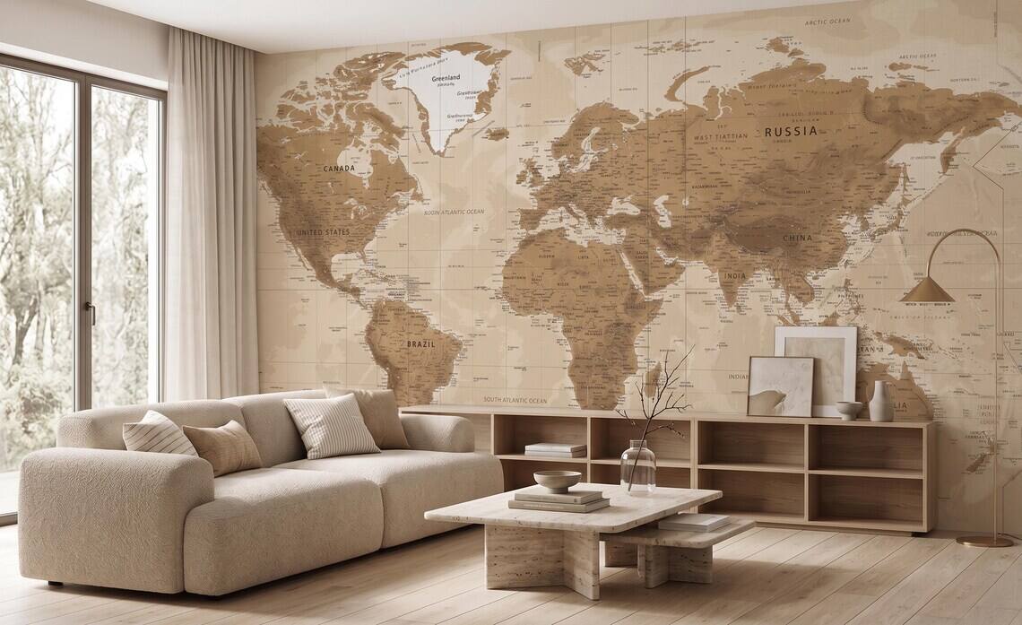 Vintage Beige World Map Wallpaper Neutral Atlas Wall Mural Large Antique Map Wallpaper Travel Theme Office Wall Decor Peel Stick