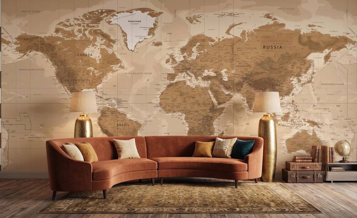 Vintage Beige World Map Wallpaper Neutral Atlas Wall Mural Large Antique Map Wallpaper Travel Theme Office Wall Decor Peel Stick