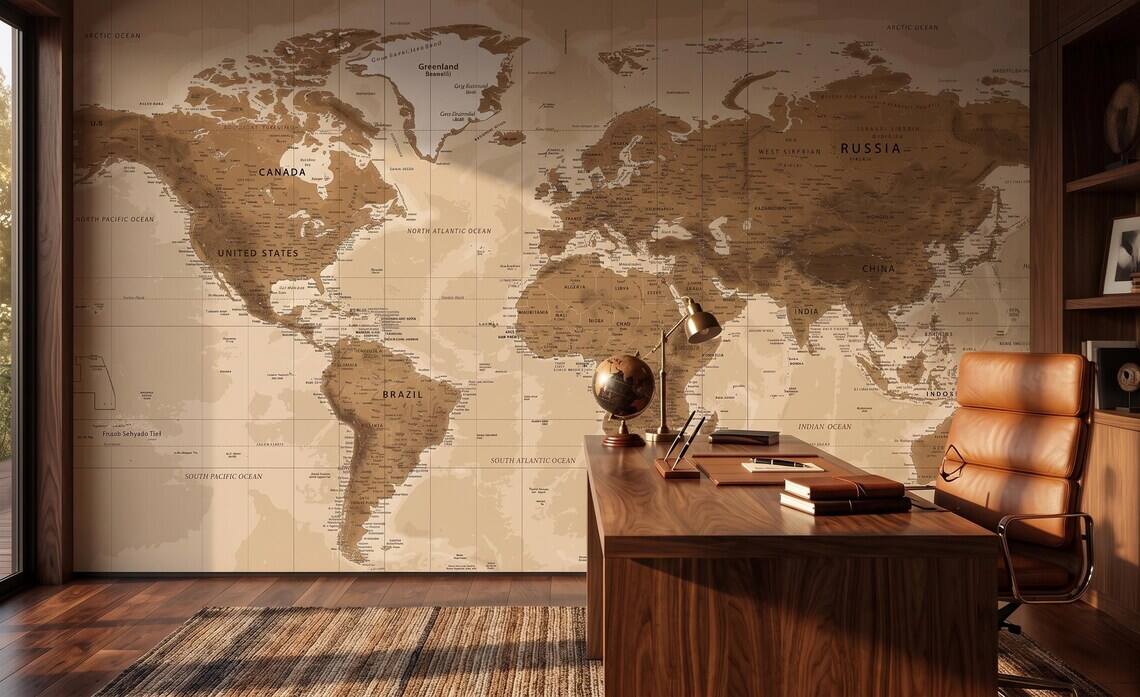Vintage Beige World Map Wallpaper Neutral Atlas Wall Mural Large Antique Map Wallpaper Travel Theme Office Wall Decor Peel Stick