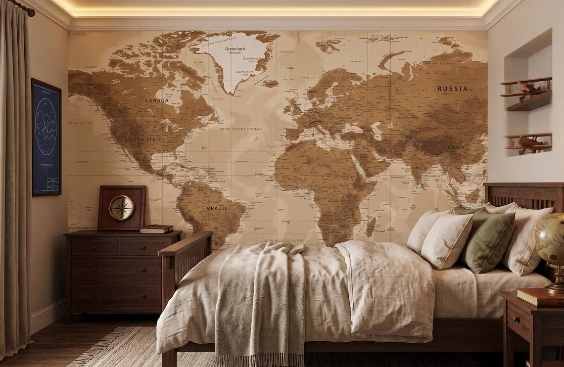 Vintage Beige World Map Wallpaper Neutral Atlas Wall Mural Large Antique Map Wallpaper Travel Theme Office Wall Decor Peel Stick
