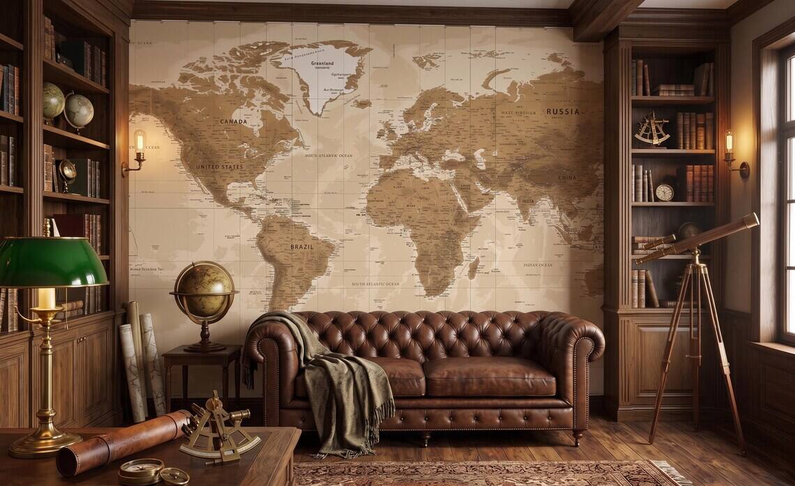 Vintage Beige World Map Wallpaper Neutral Atlas Wall Mural Large Antique Map Wallpaper Travel Theme Office Wall Decor Peel Stick