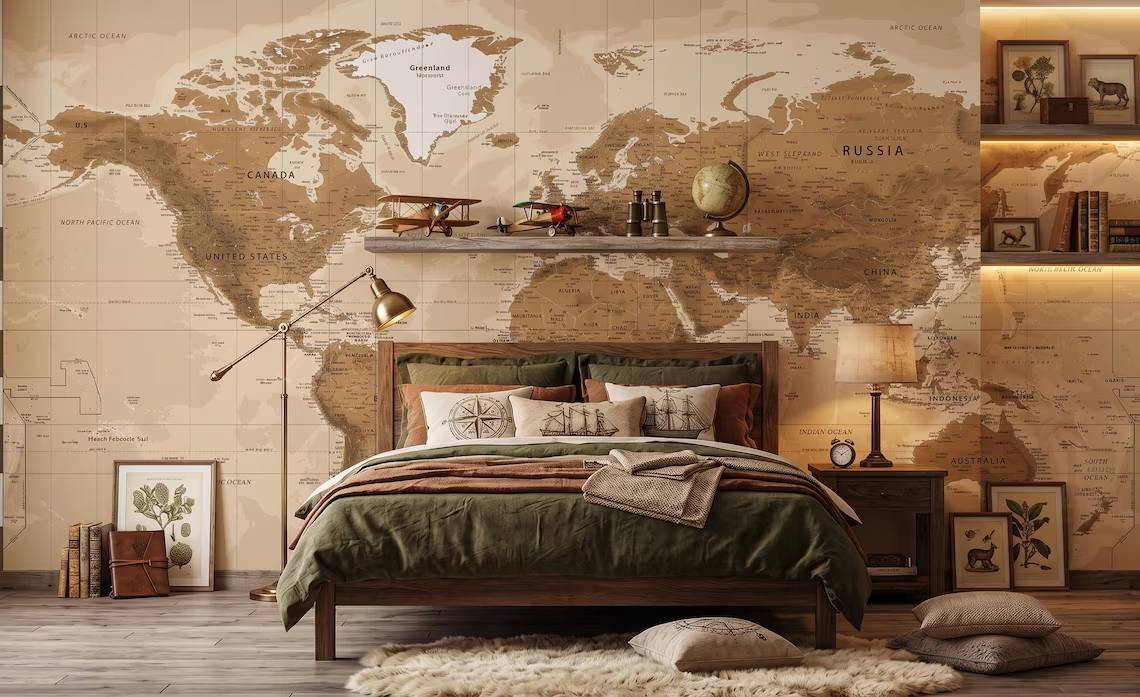 Vintage Beige World Map Wallpaper Neutral Atlas Wall Mural Large Antique Map Wallpaper Travel Theme Office Wall Decor Peel Stick