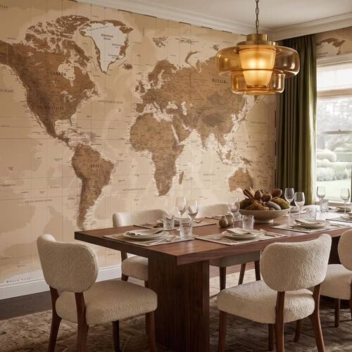 Vintage Beige World Map Wallpaper Neutral Atlas Wall Mural Large Antique Map Wallpaper Travel Theme Office Wall Decor Peel Stick