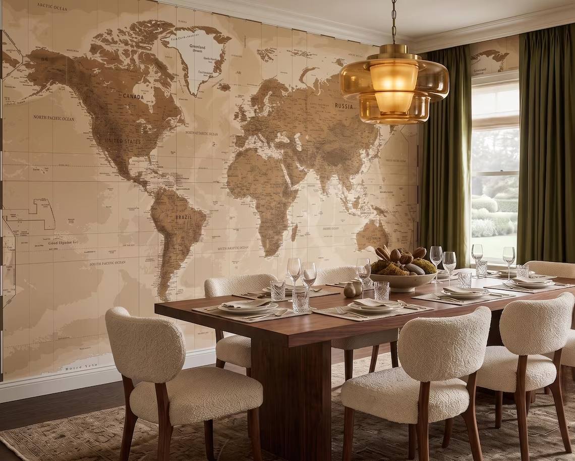 Vintage Beige World Map Wallpaper Neutral Atlas Wall Mural Large Antique Map Wallpaper Travel Theme Office Wall Decor Peel Stick