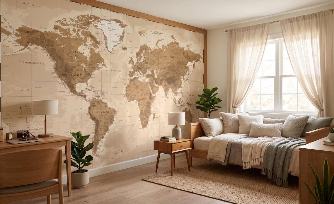 Vintage Beige World Map Wallpaper Neutral Atlas Wall Mural Large Antique Map Wallpaper Travel Theme Office Wall Decor Peel Stick
