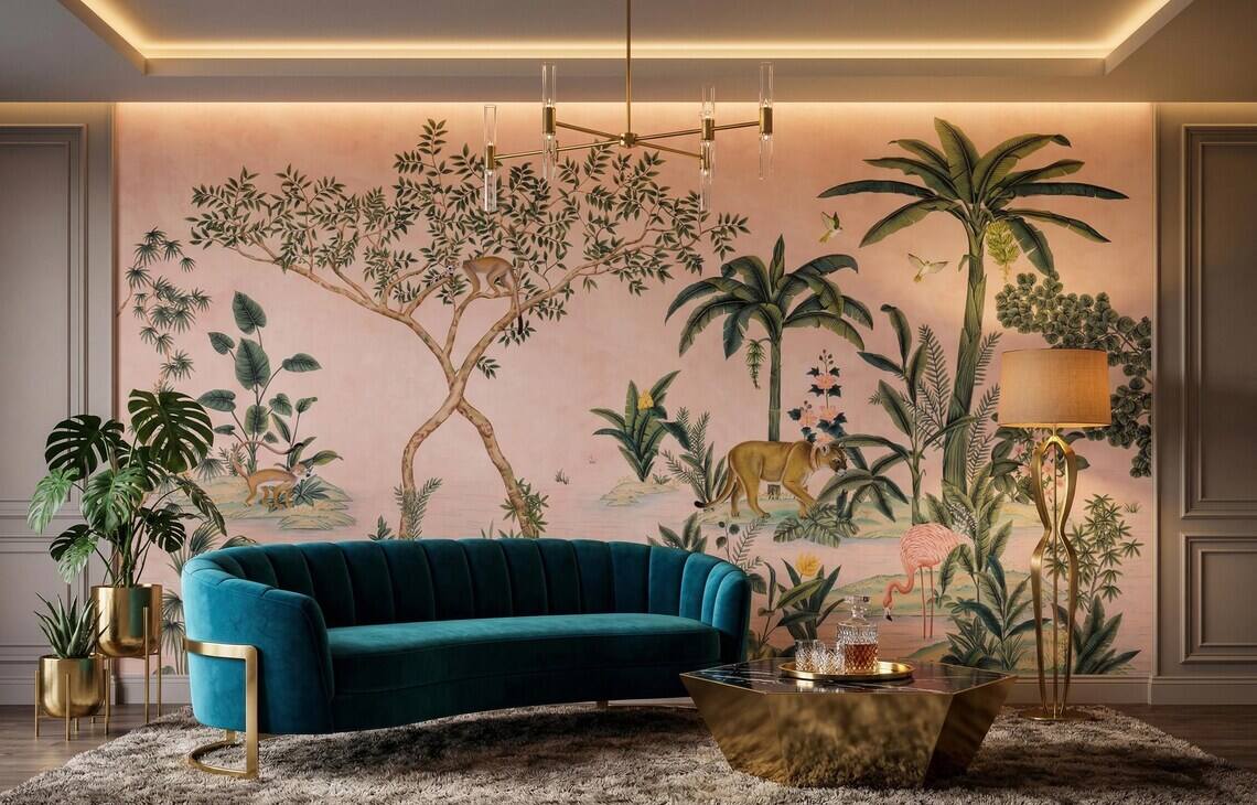 Vintage Chinoiserie Jungle Wallpaper Tropical Botanical Animal Mural Pink Beige Decor Peel Stick