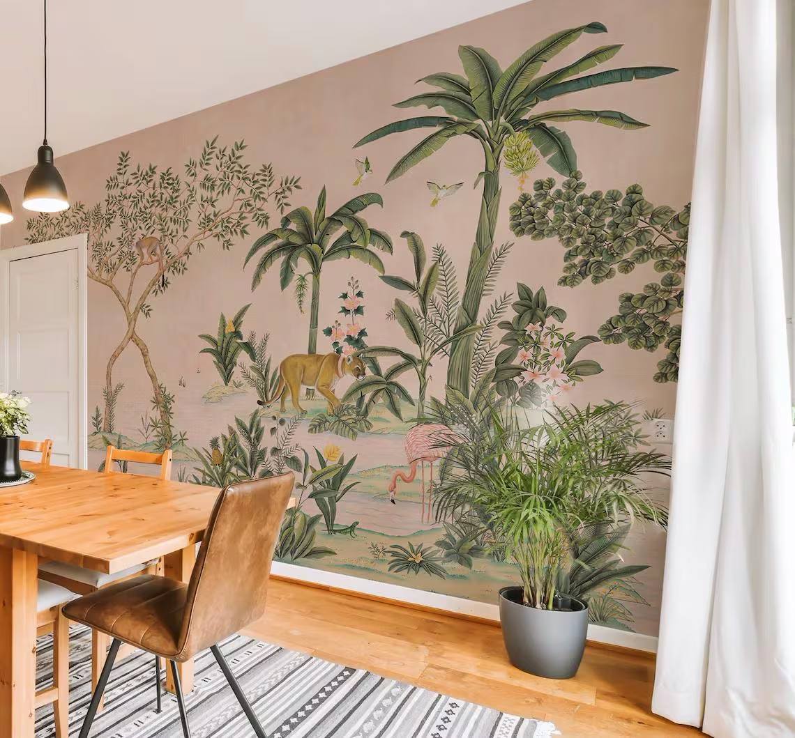 Vintage Chinoiserie Jungle Wallpaper Tropical Botanical Animal Mural Pink Beige Decor Peel Stick