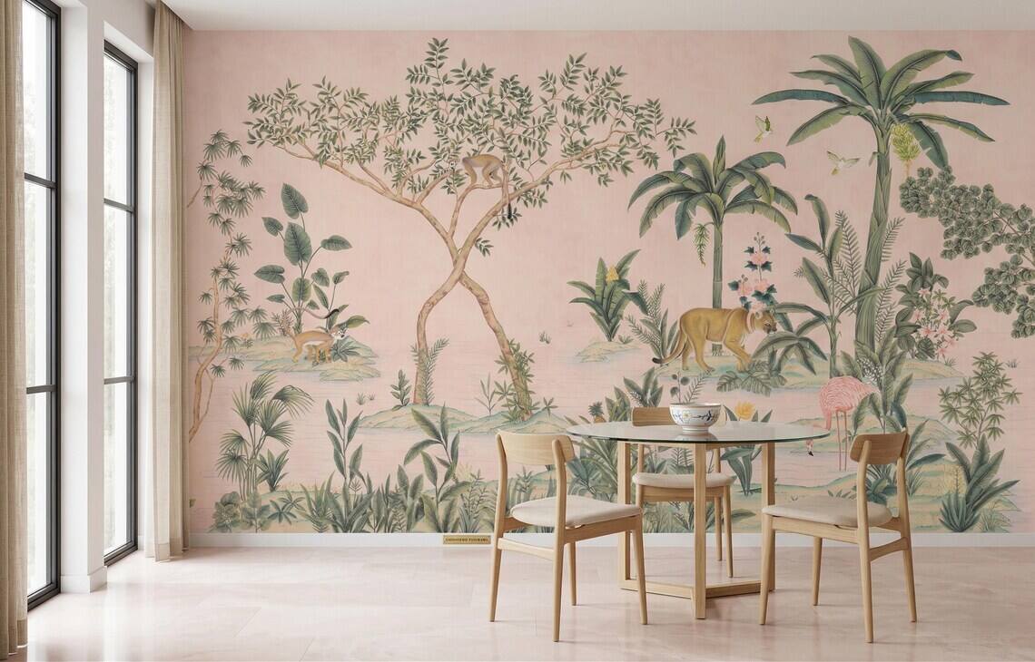 Vintage Chinoiserie Jungle Wallpaper Tropical Botanical Animal Mural Pink Beige Decor Peel Stick