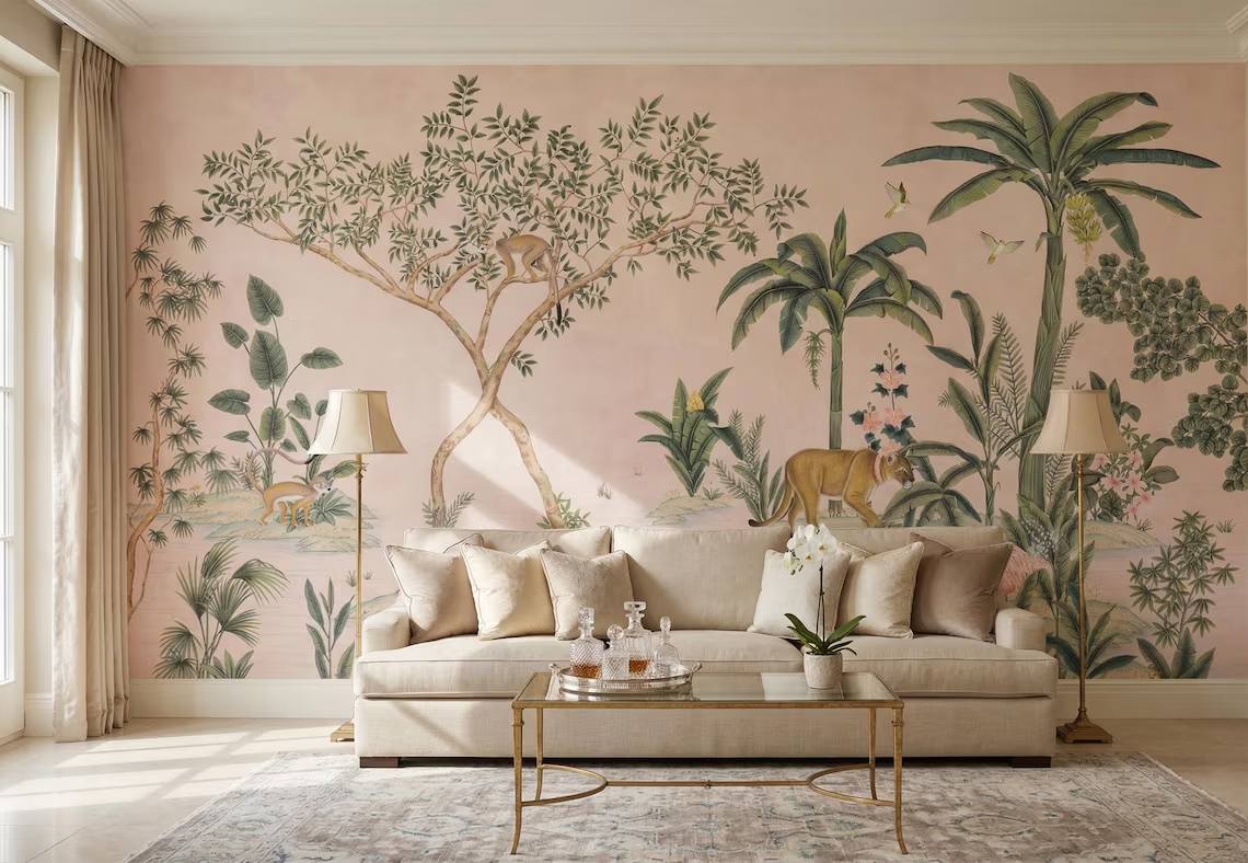 Vintage Chinoiserie Jungle Wallpaper Tropical Botanical Animal Mural Pink Beige Decor Peel Stick