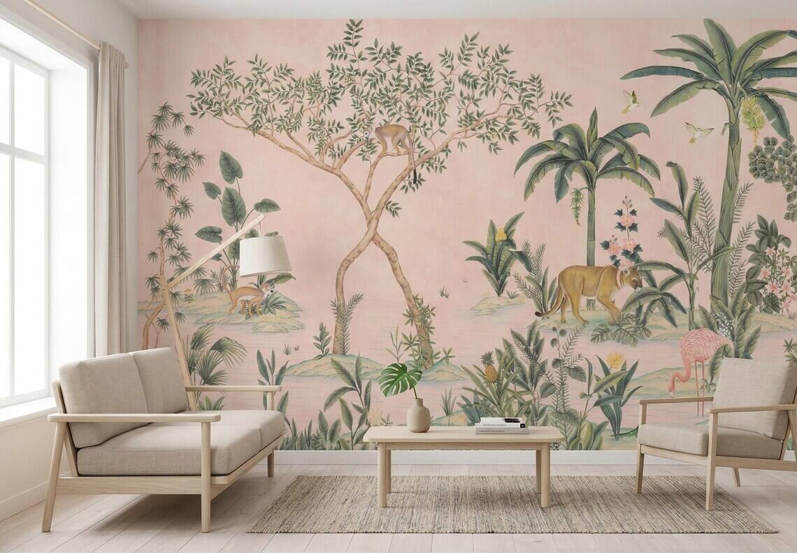 Vintage Chinoiserie Jungle Wallpaper Tropical Botanical Animal Mural Pink Beige Decor Peel Stick