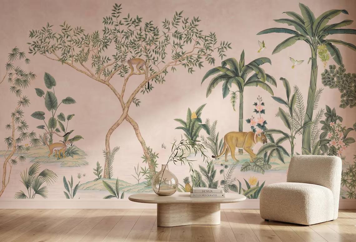 Vintage Chinoiserie Jungle Wallpaper Tropical Botanical Animal Mural Pink Beige Decor Peel Stick