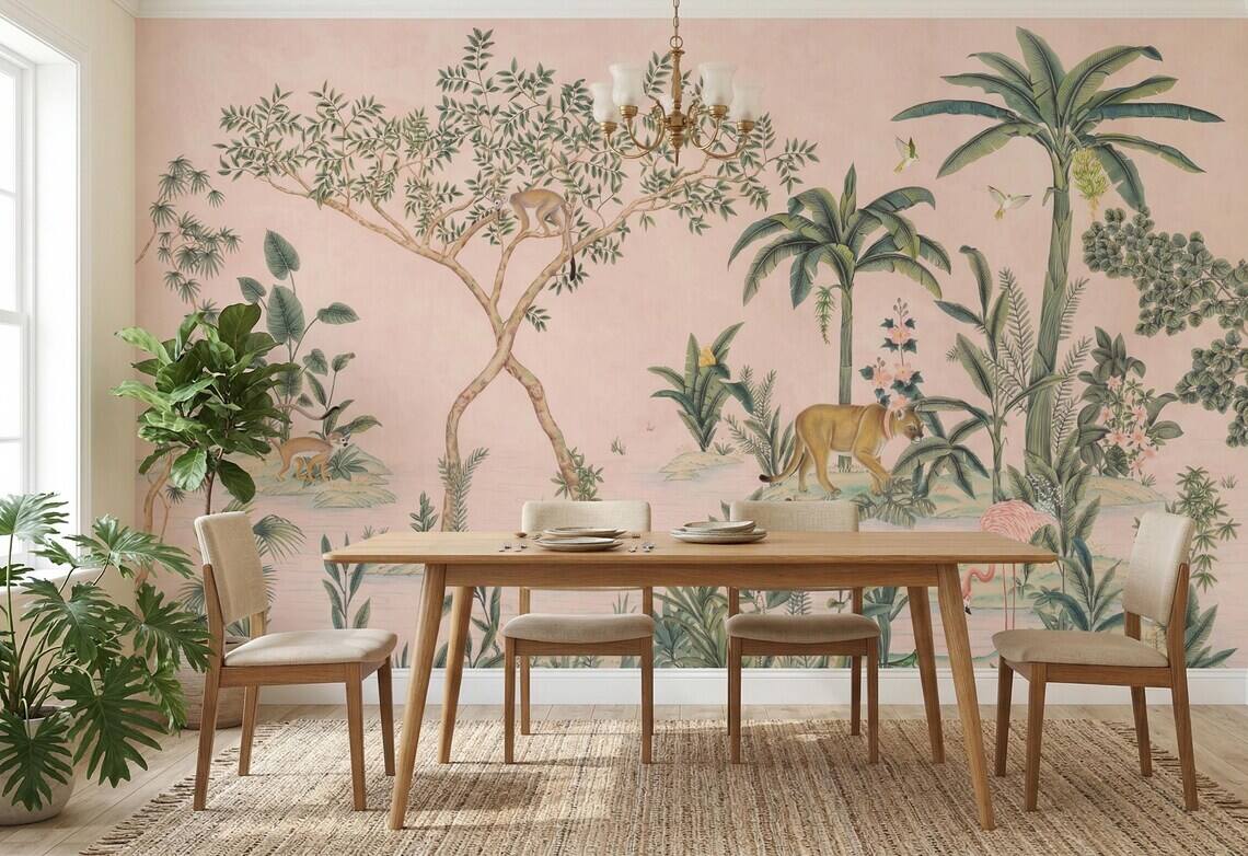 Vintage Chinoiserie Jungle Wallpaper Tropical Botanical Animal Mural Pink Beige Decor Peel Stick