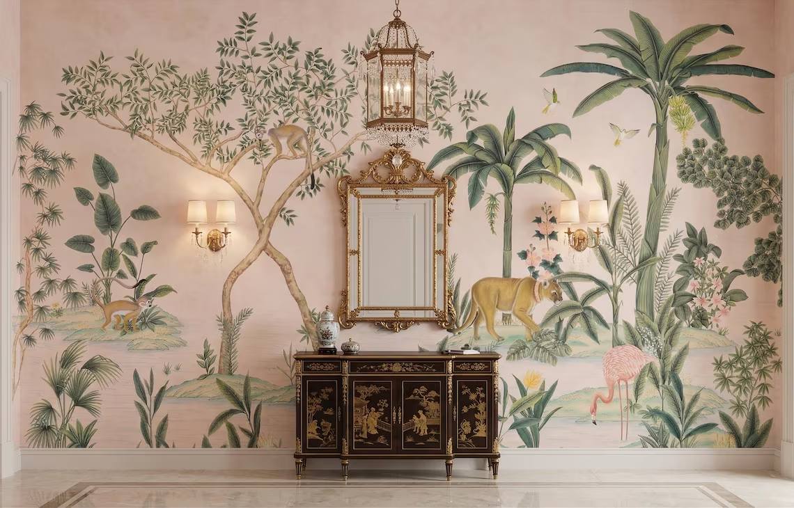 Vintage Chinoiserie Jungle Wallpaper Tropical Botanical Animal Mural Pink Beige Decor Peel Stick
