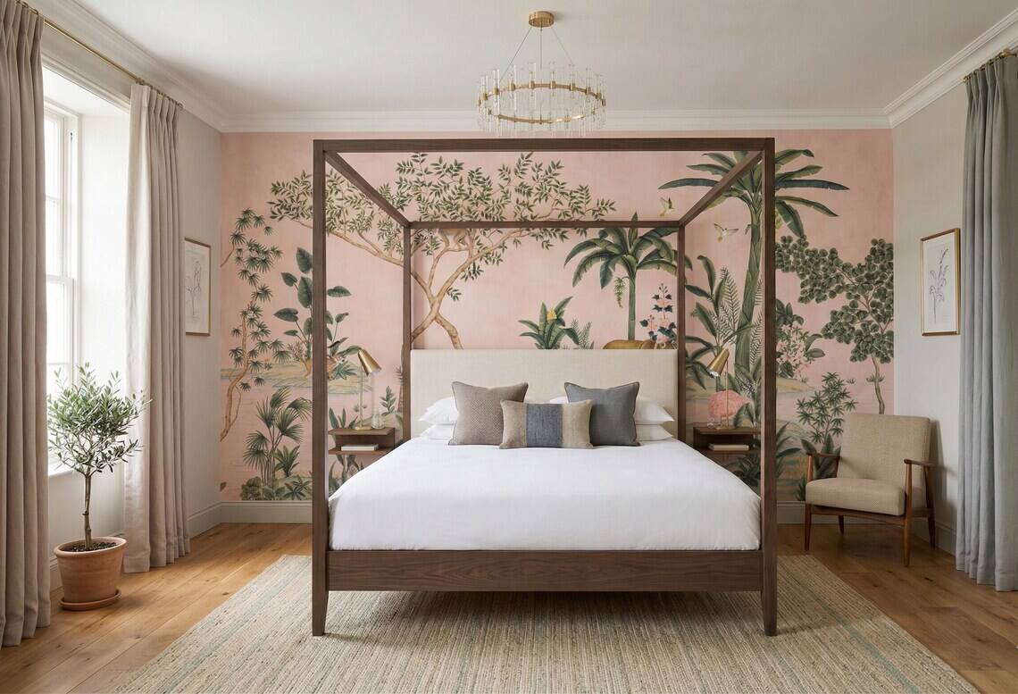 Vintage Chinoiserie Jungle Wallpaper Tropical Botanical Animal Mural Pink Beige Decor Peel Stick