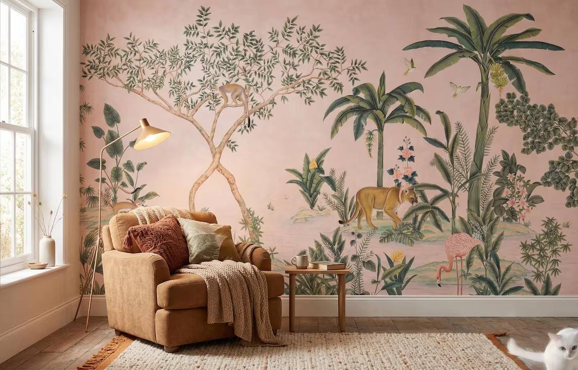 Vintage Chinoiserie Jungle Wallpaper Tropical Botanical Animal Mural Pink Beige Decor Peel Stick