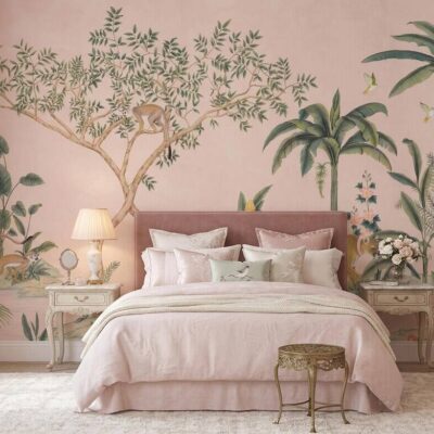 Vintage Chinoiserie Jungle Wallpaper Tropical Botanical Animal Mural Pink Beige Decor Peel Stick