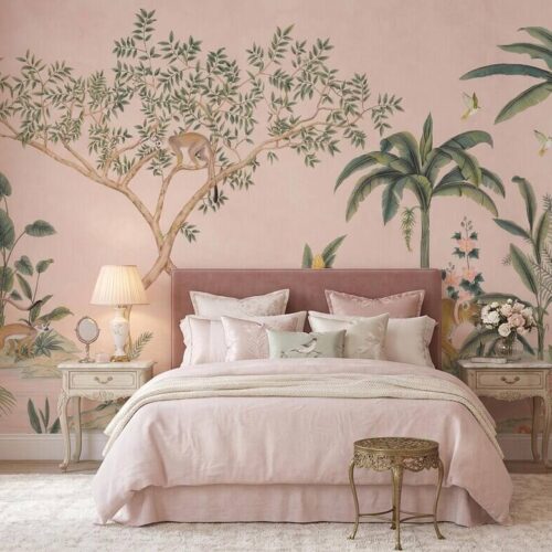 Vintage Chinoiserie Jungle Wallpaper Tropical Botanical Animal Mural Pink Beige Decor Peel Stick
