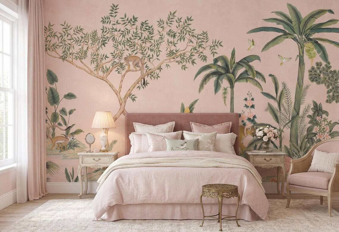 Vintage Chinoiserie Jungle Wallpaper Tropical Botanical Animal Mural Pink Beige Decor Peel Stick