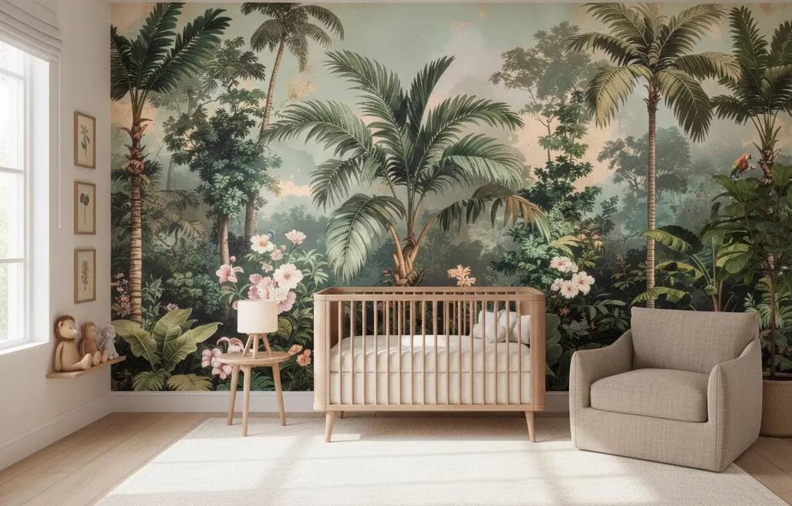 Vintage Tropical Jungle Wallpaper Chinoiserie Palm Mural With Parrots Peel And Stick