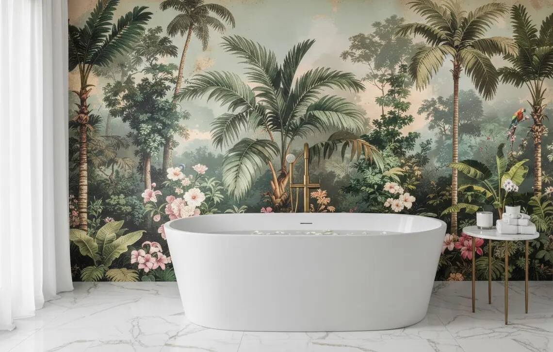 Vintage Tropical Jungle Wallpaper Chinoiserie Palm Mural With Parrots Peel And Stick