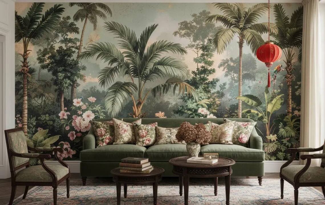 Vintage Tropical Jungle Wallpaper Chinoiserie Palm Mural With Parrots Peel And Stick