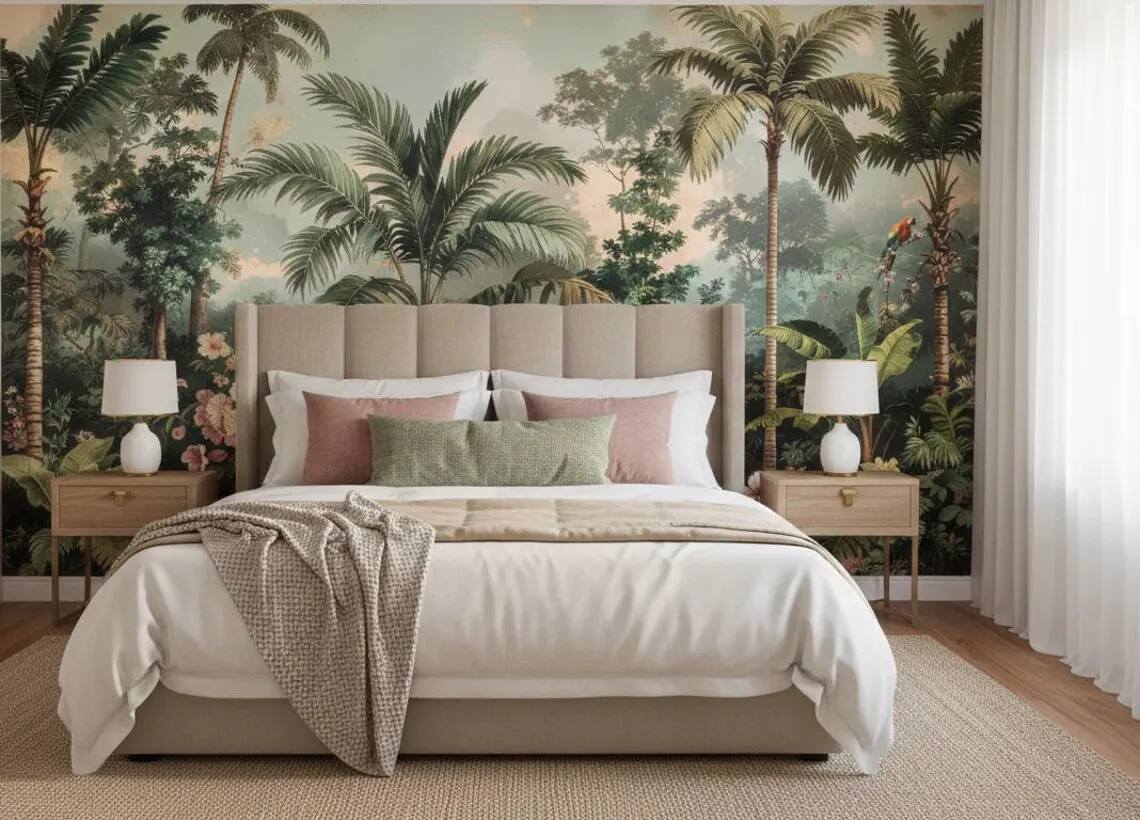 Vintage Tropical Jungle Wallpaper Chinoiserie Palm Mural With Parrots Peel And Stick