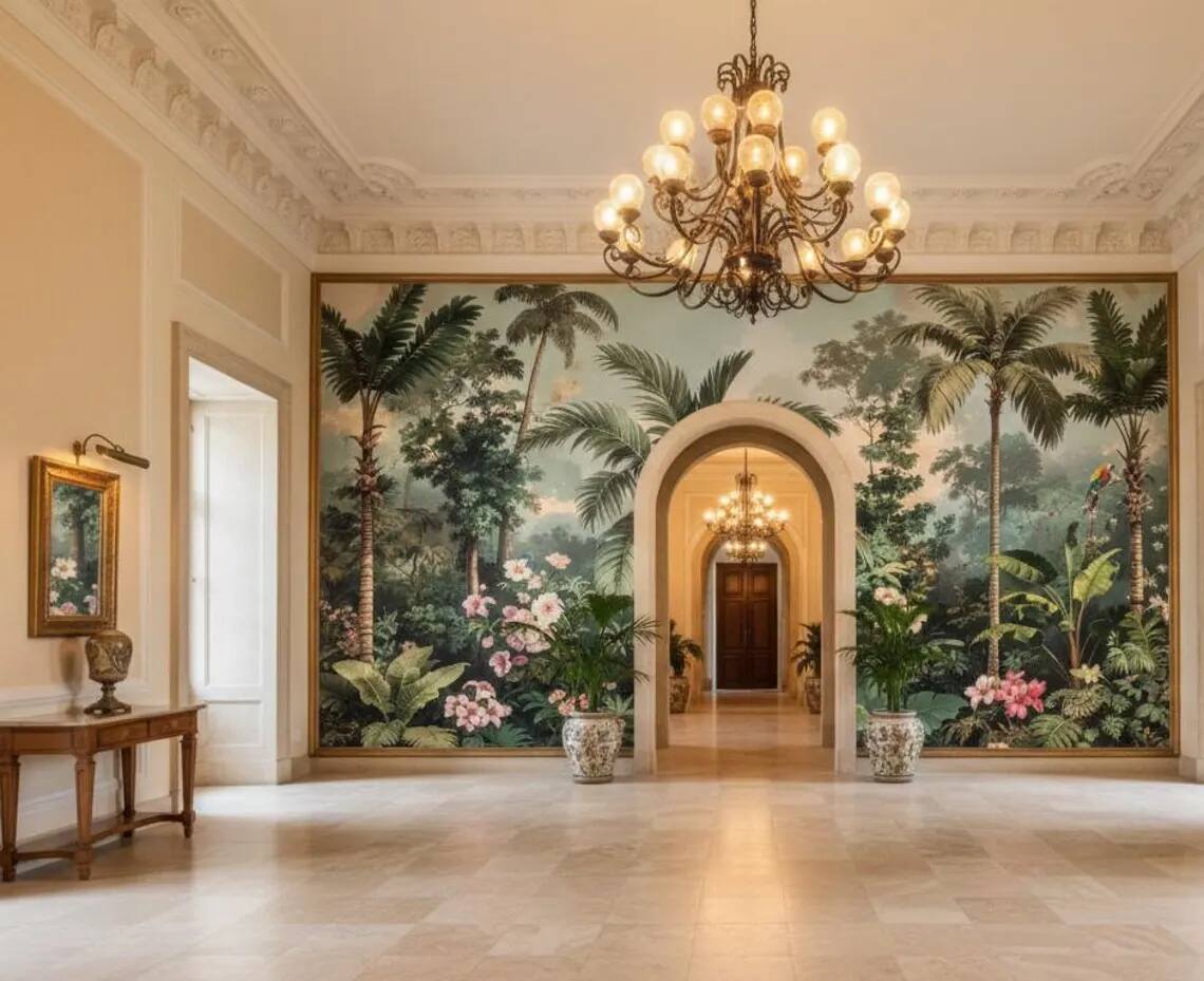 Vintage Tropical Jungle Wallpaper Chinoiserie Palm Mural With Parrots Peel And Stick